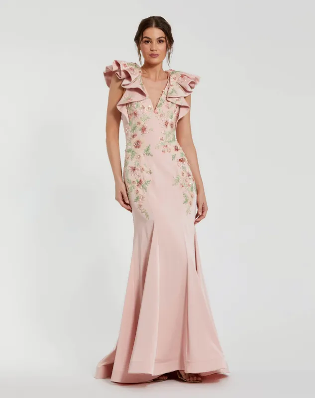 Pink Flutter Sleeve Embellished Mermaid Gown sold by Mac Duggal