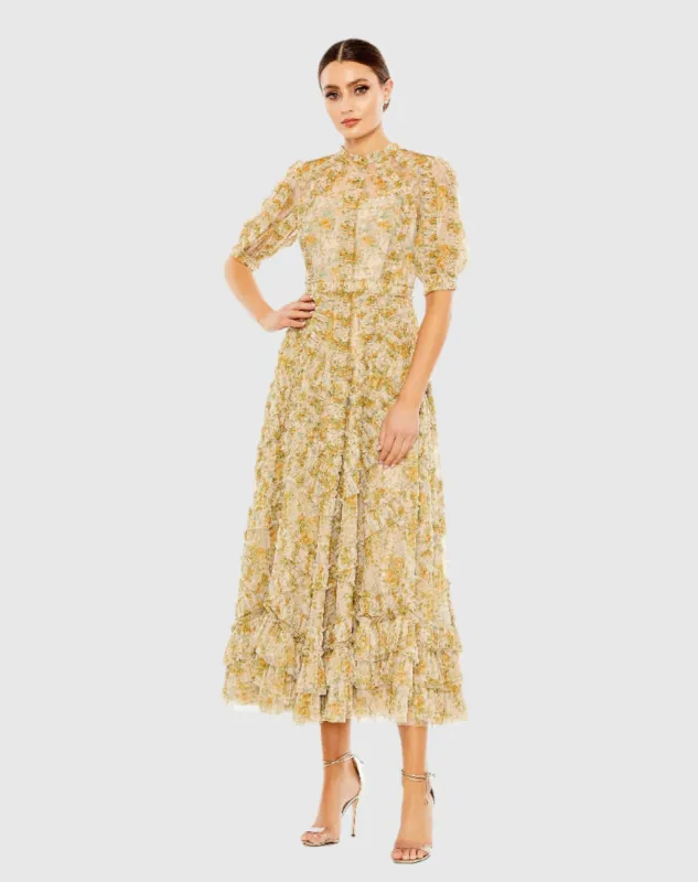Beige Multicolor Mesh Puff Sleeve Floral Print Dress sold by Mac Duggal
