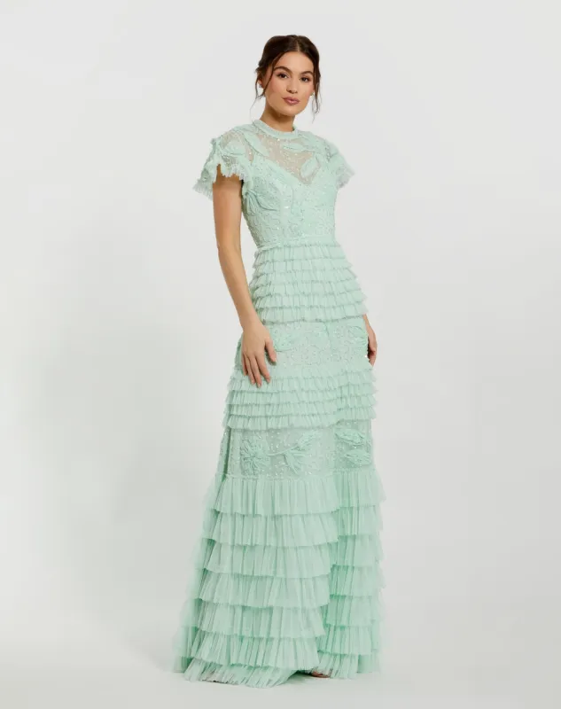Green Beaded Mesh High Neck Micro Ruffle Gown sold by Mac Duggal