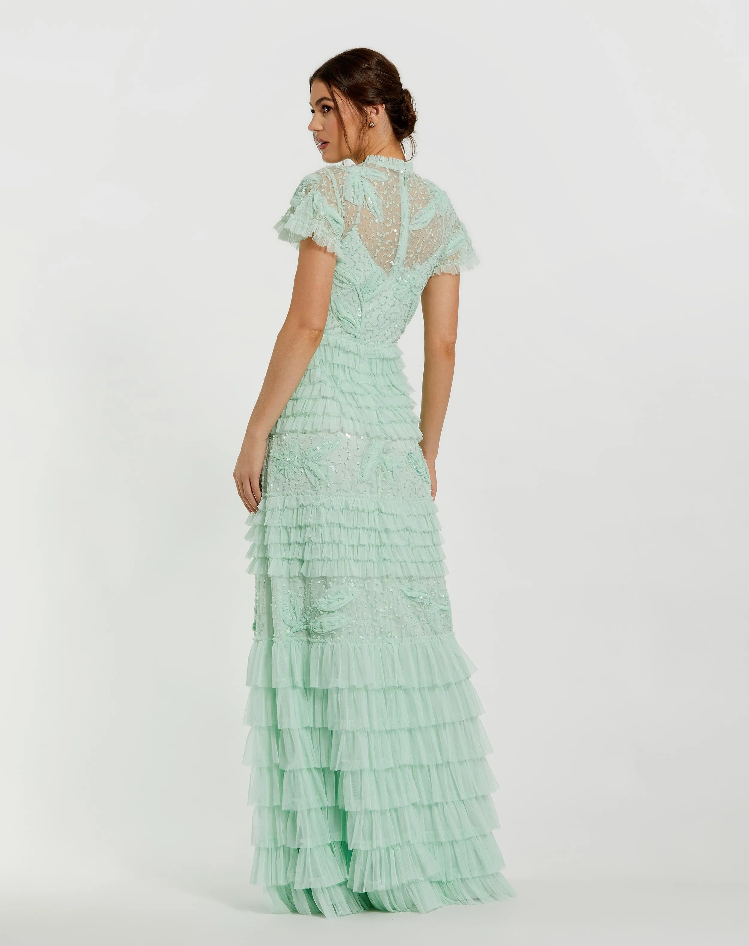 Green Beaded Mesh High Neck Micro Ruffle Gown sold by Mac Duggal product image thumbnail 2