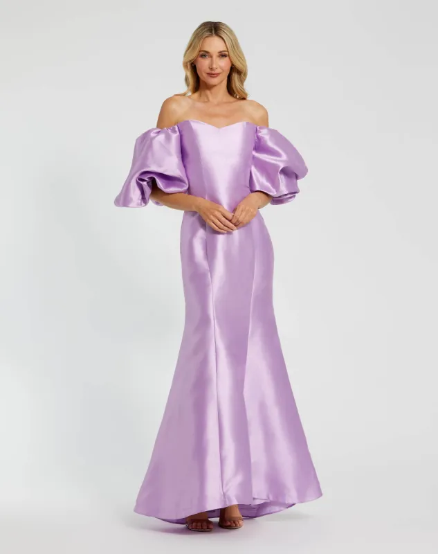 Purple Sweetheart Off The Shoulder Puff Sleeve Gown sold by Mac Duggal