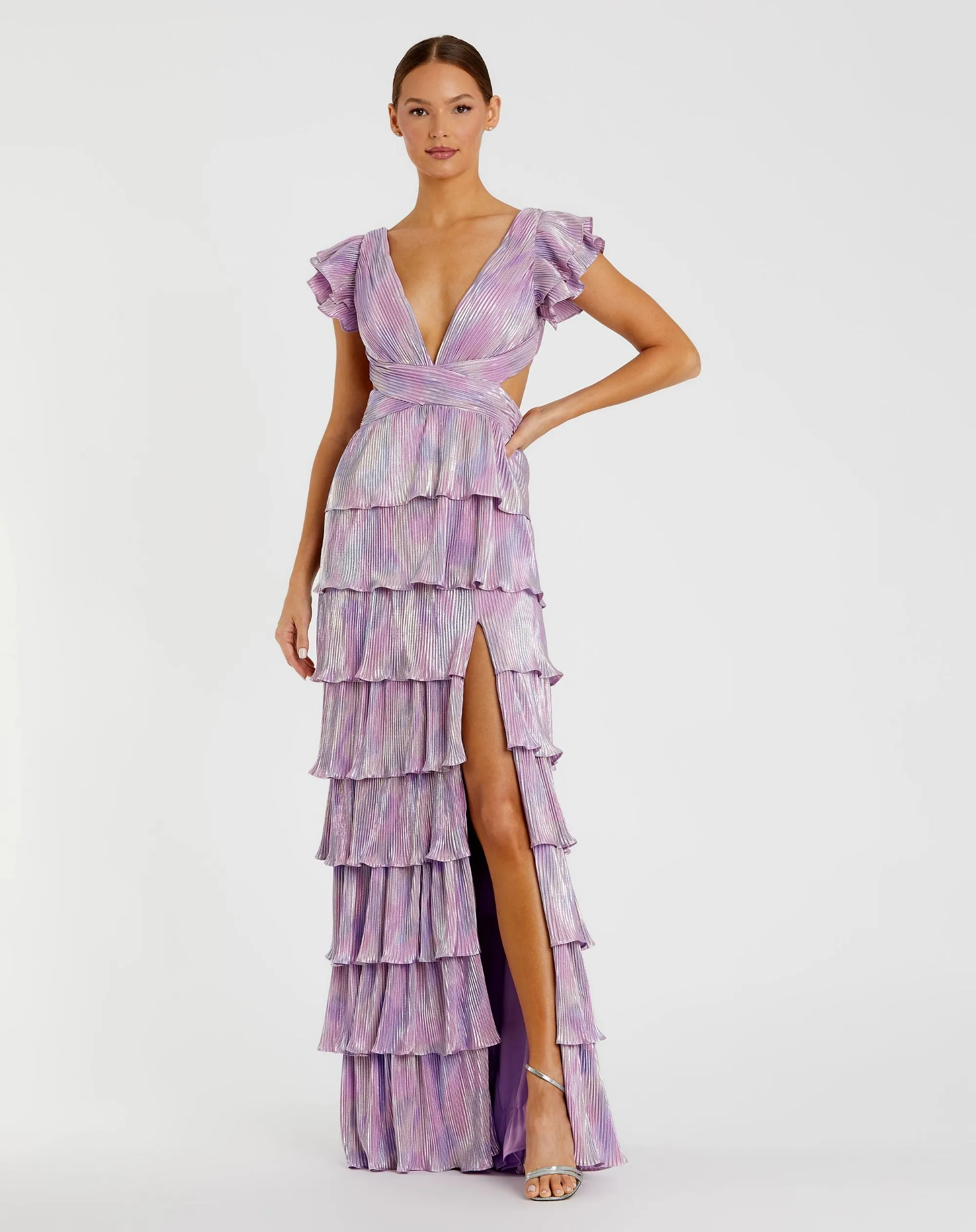 Ruffle Tiered Criss Cross Lace Up Gown sold by Mac Duggal