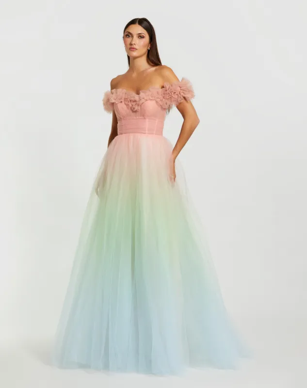 Multicolor Off The Shoulder Ombre Tulle Ballgown sold by Mac Duggal