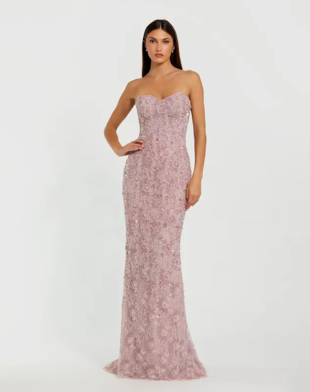 Pink Embellished Strapless Bustier Gown With Sweeping Train sold by Mac Duggal