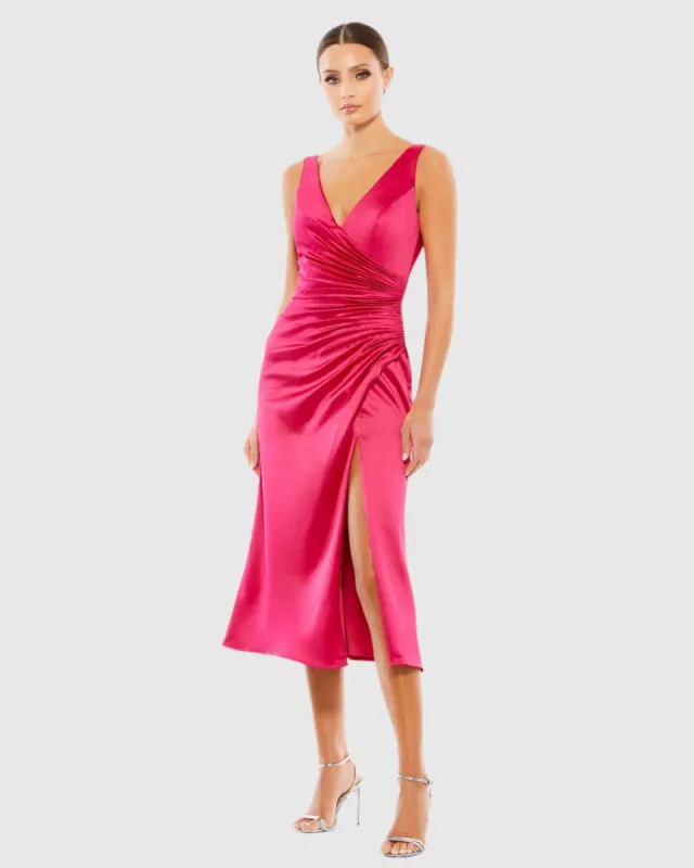 Pink Satin Ruched V-Neck Faux Wrap Midi Dress sold by Mac Duggal