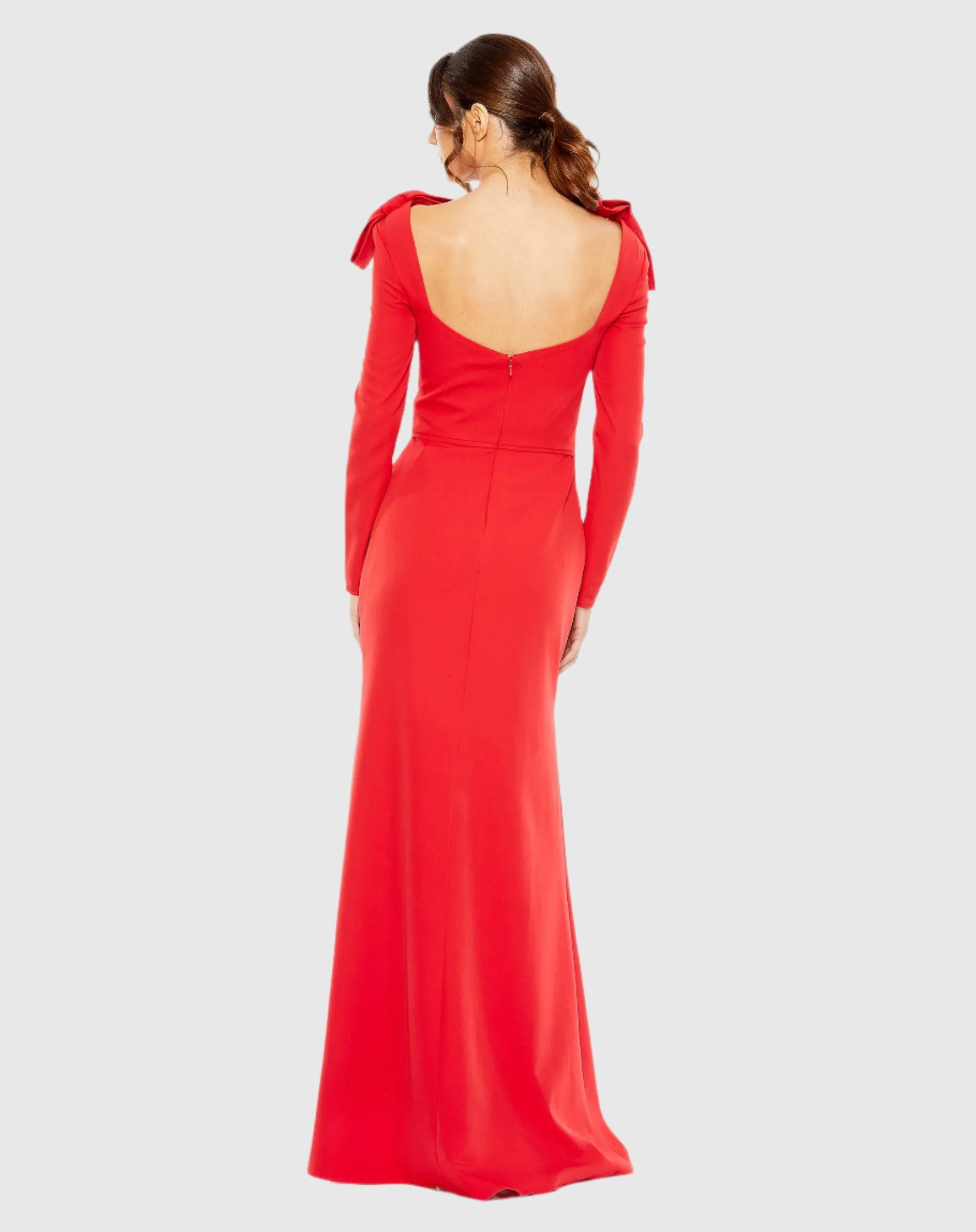 Red Empire Waist Long Sleeve Bow Shoulder Gown sold by Mac Duggal product image thumbnail 3