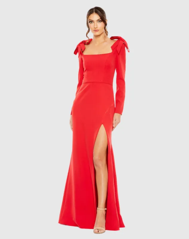 Red Empire Waist Long Sleeve Bow Shoulder Gown made by Mac Duggal
