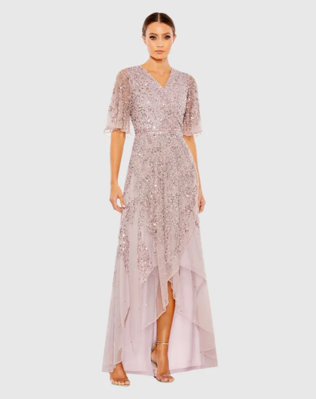 Purple Sequined Butterfly Sleeve High Low Gown sold by Mac Duggal