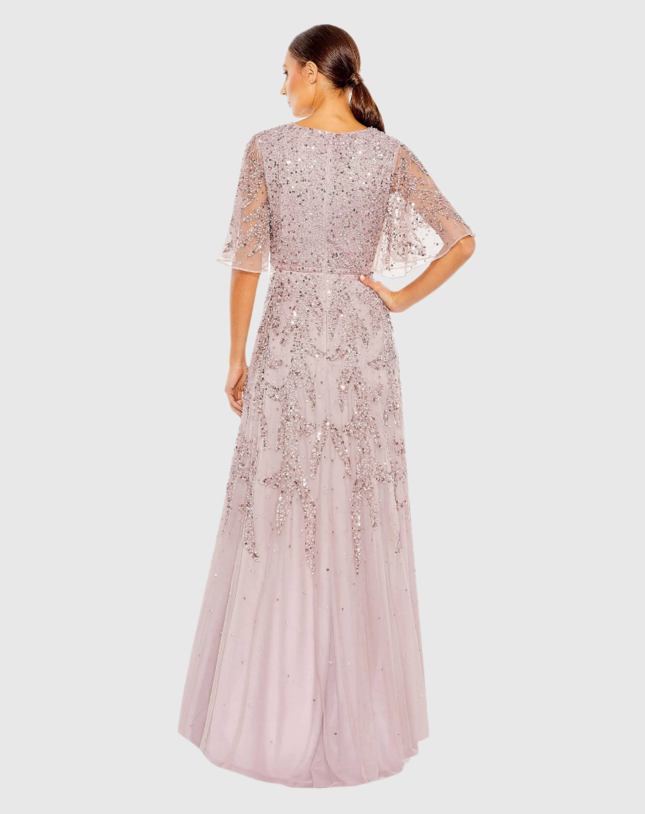 Purple Sequined Butterfly Sleeve High Low Gown sold by Mac Duggal product image thumbnail 3