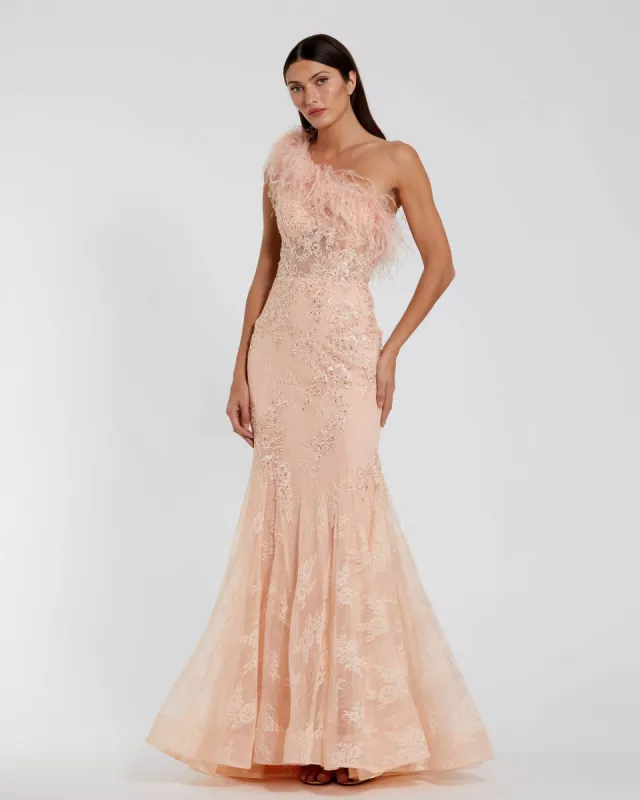 Pink One Shoulder Feather Embellished Mermaid Gown sold by Mac Duggal