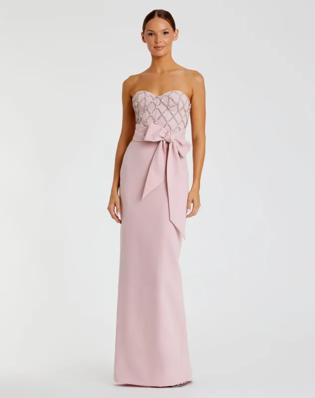 Pink Strapless Embellished Crepe Gown With Bow sold by Mac Duggal