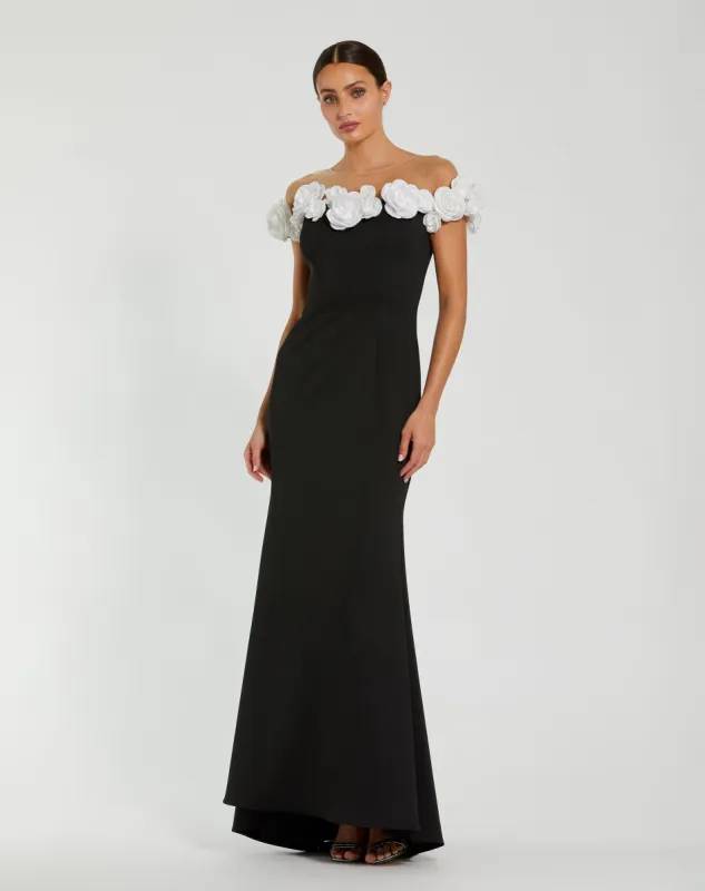 Black and White Stretch Crepe Mermaid Gown With 3D Flowers sold by Mac Duggal