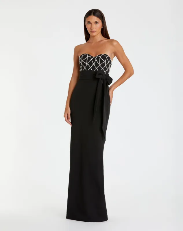 Black Strapless Embellished Crepe Gown With Bow sold by Mac Duggal