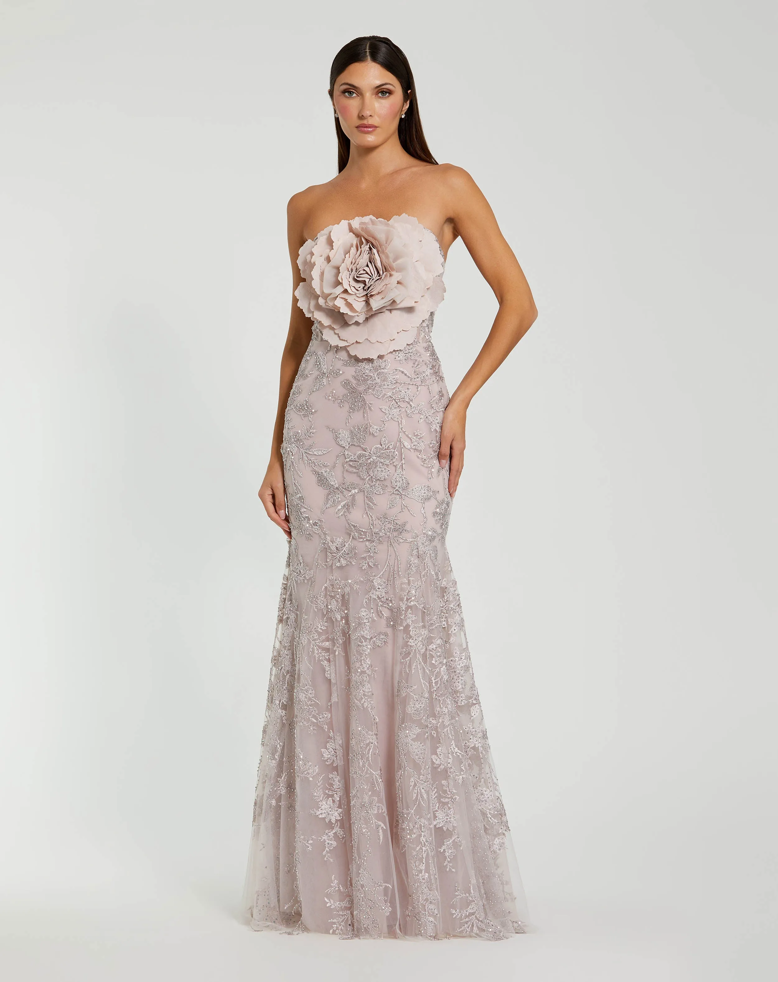Pink Strapless Lace Embellished Trumpet Gown With 3D Flower sold by Mac Duggal