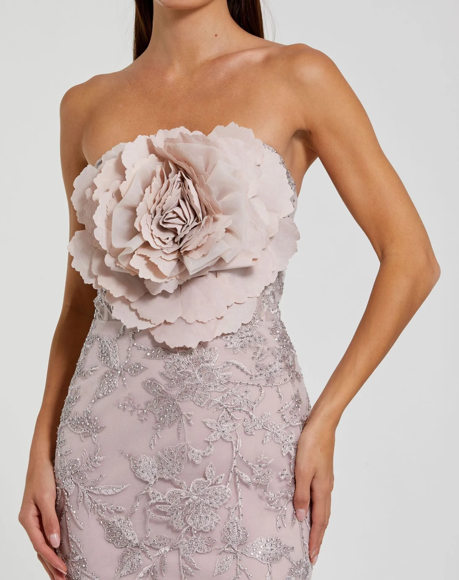 Pink Strapless Lace Embellished Trumpet Gown With 3D Flower sold by Mac Duggal product image thumbnail 2