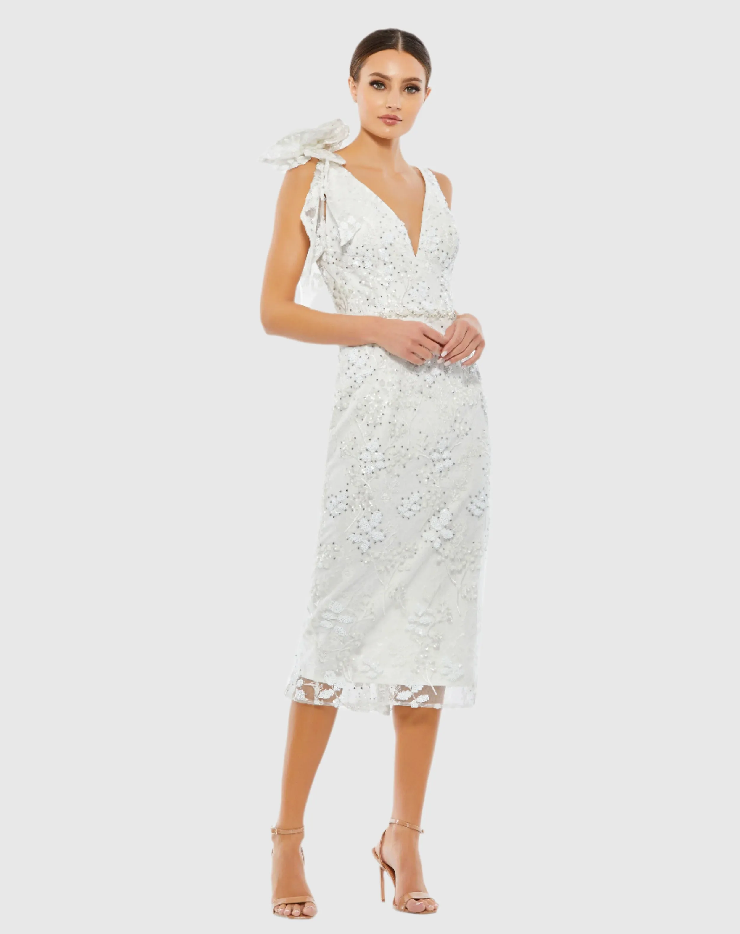 Floral Embellished V-neck Midi Dress with Shoulder Bow sold by Mac Duggal product image thumbnail 2