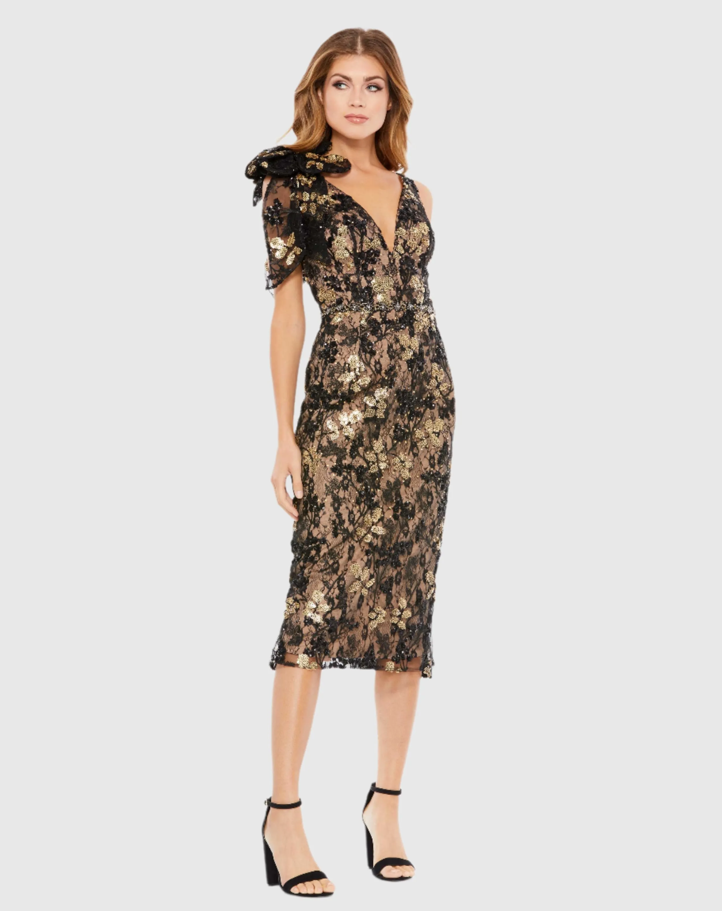 Floral Embellished V-neck Midi Dress with Shoulder Bow sold by Mac Duggal