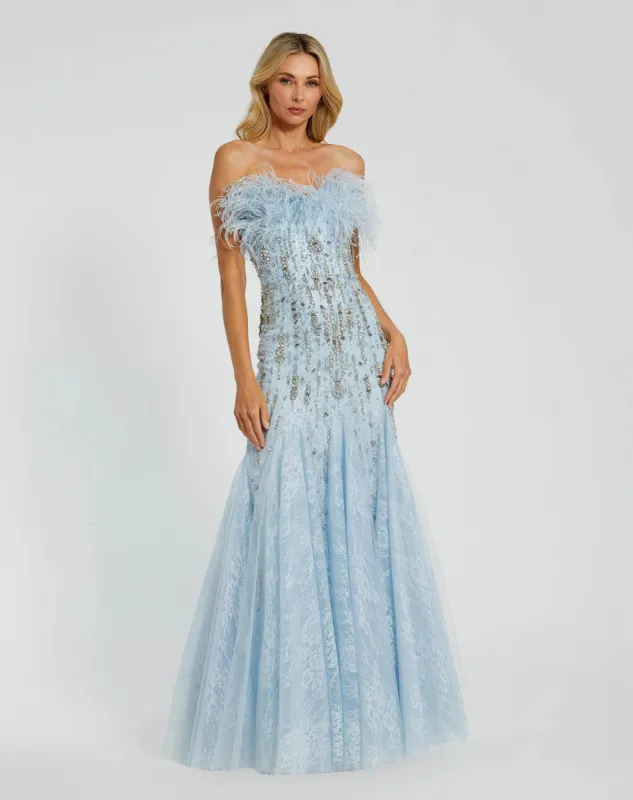 Blue Feather Embellished Strapless Trumpet Gown sold by Mac Duggal