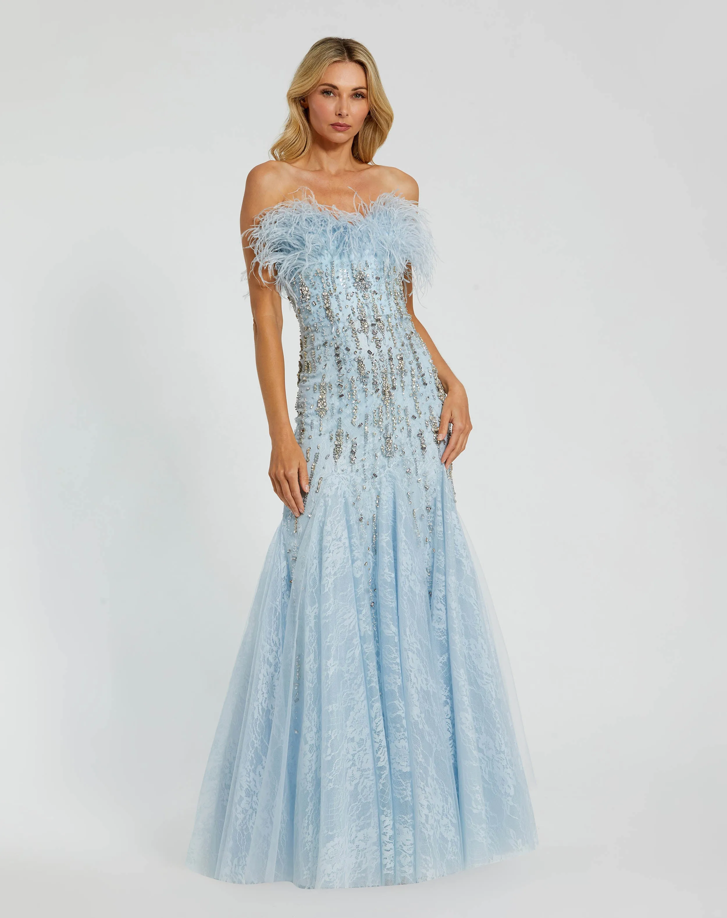 Blue Feather Embellished Strapless Trumpet Gown sold by Mac Duggal