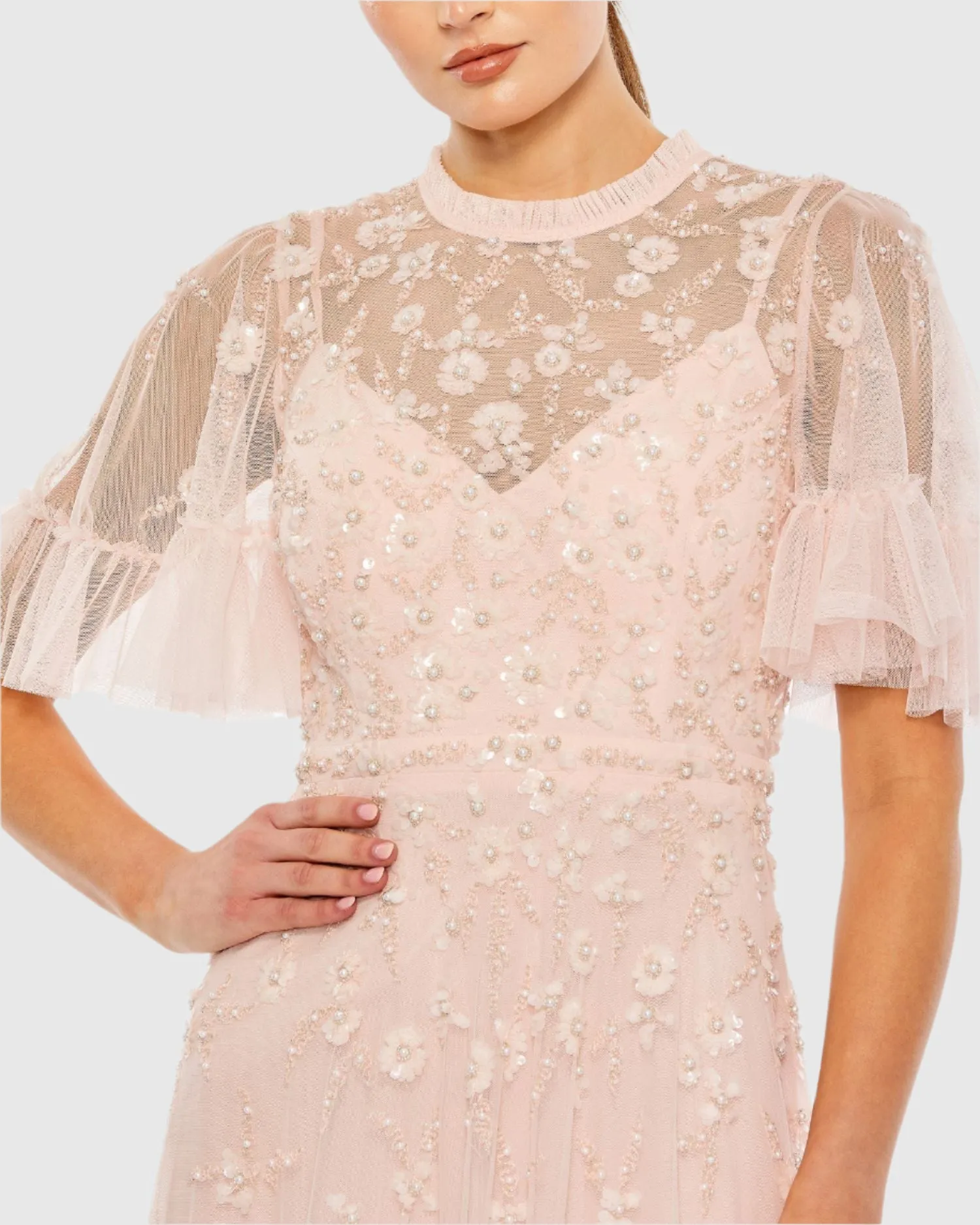 Light Pink Ruffled Floral Embellished Flutter Sleeve A Line Dress sold by Mac Duggal product image thumbnail 2