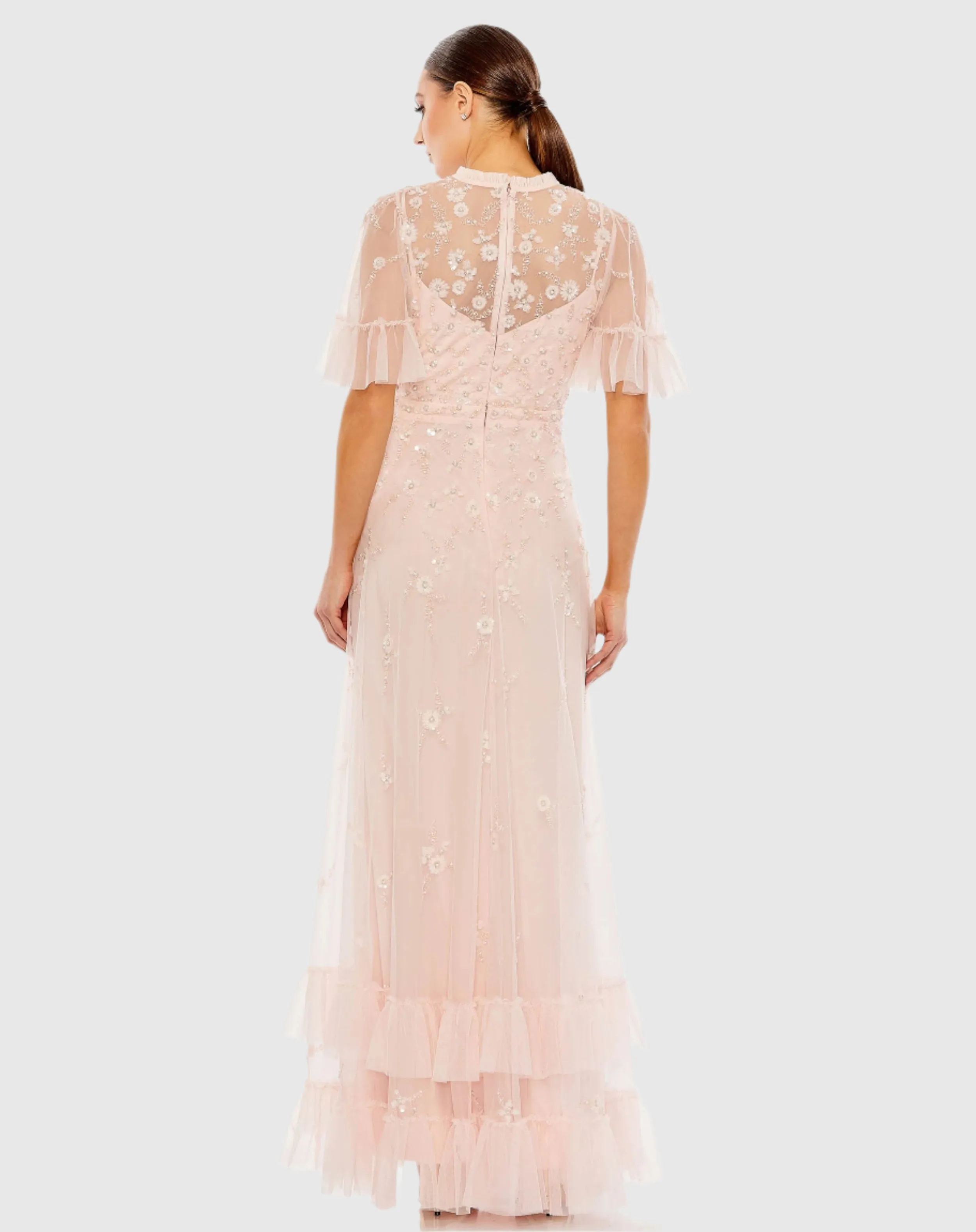Light Pink Ruffled Floral Embellished Flutter Sleeve A Line Dress sold by Mac Duggal product image thumbnail 3
