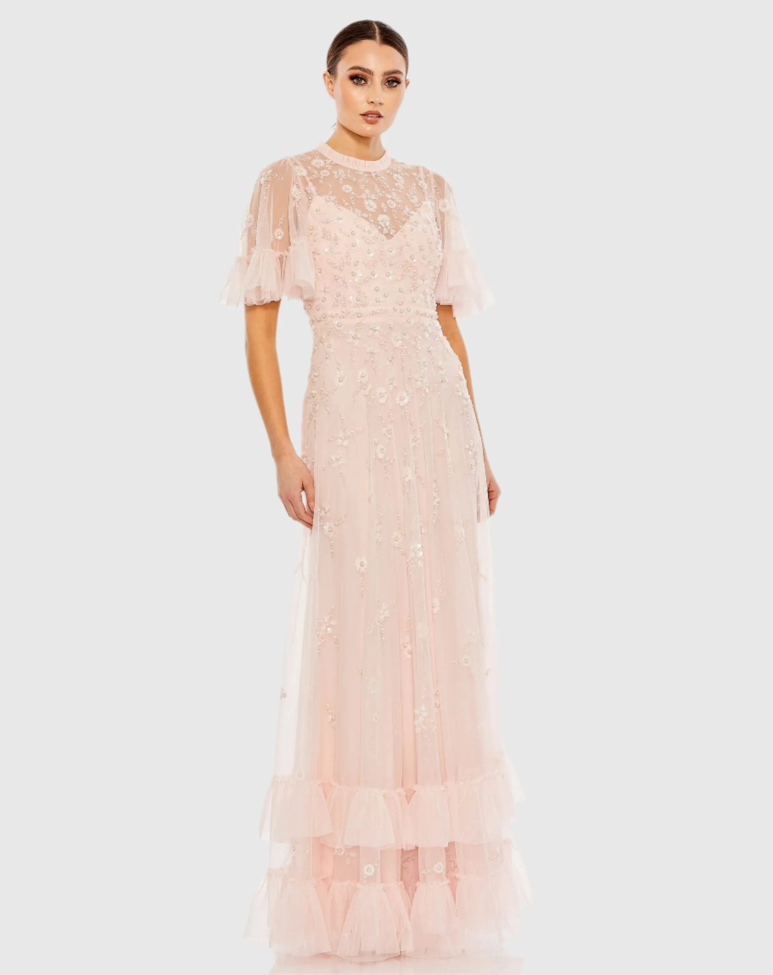 Light Pink Ruffled Floral Embellished Flutter Sleeve A Line Dress sold by Mac Duggal