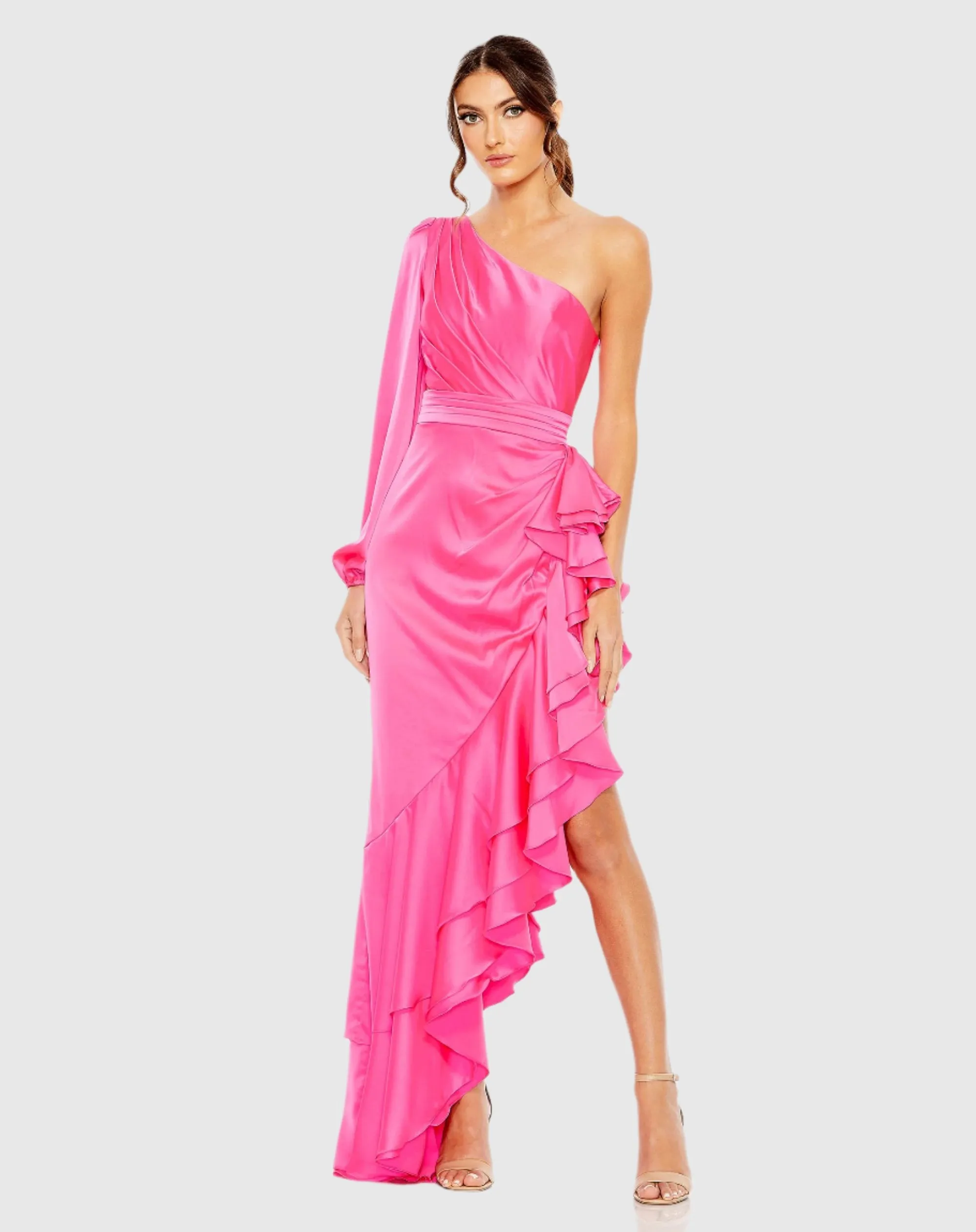 Pink One Sleeve Cut Out Asymmetrical Ruffled Gown sold by Mac Duggal