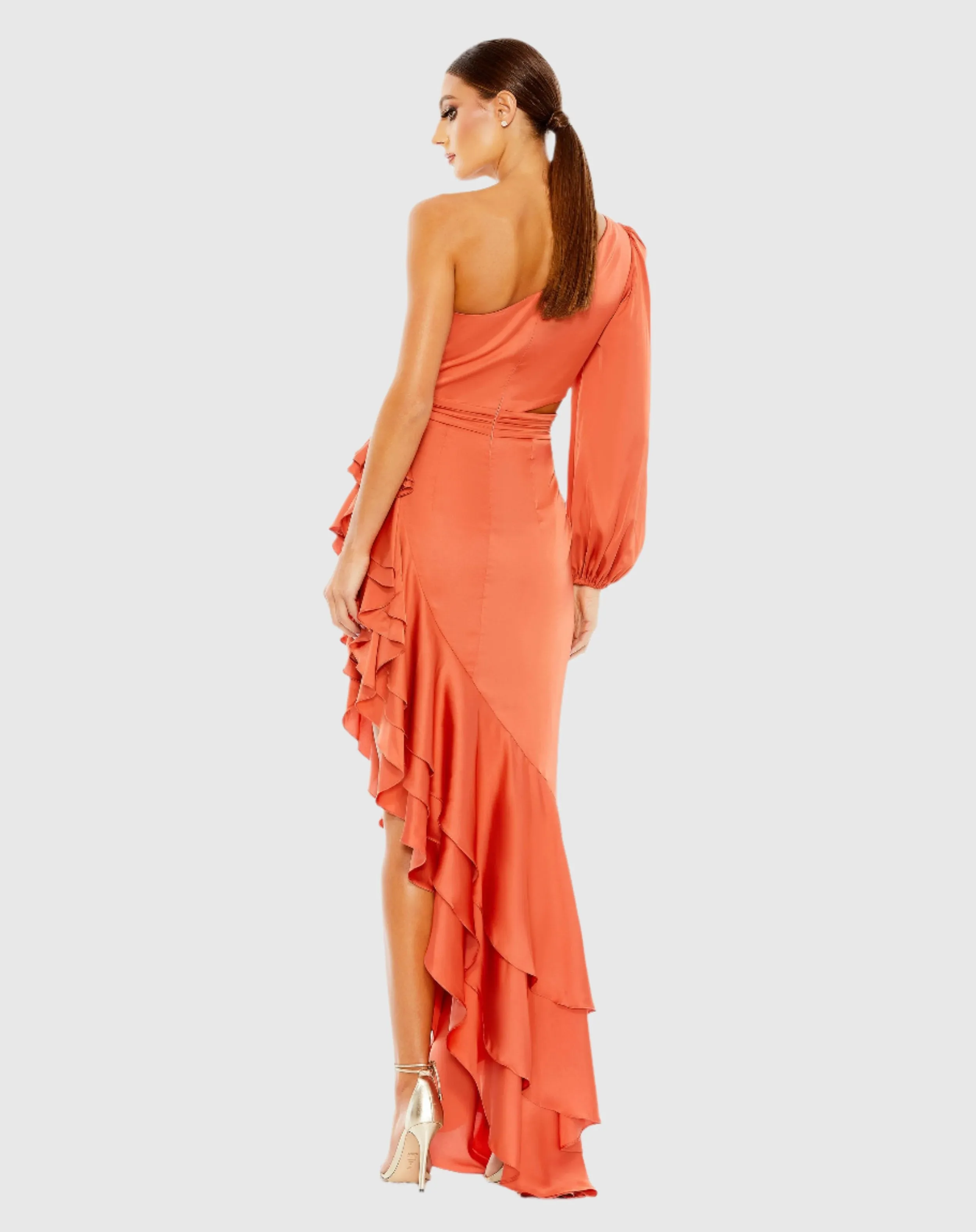 Orange One Sleeve Cut Out Asymmetrical Ruffled Gown sold by Mac Duggal product image thumbnail 3