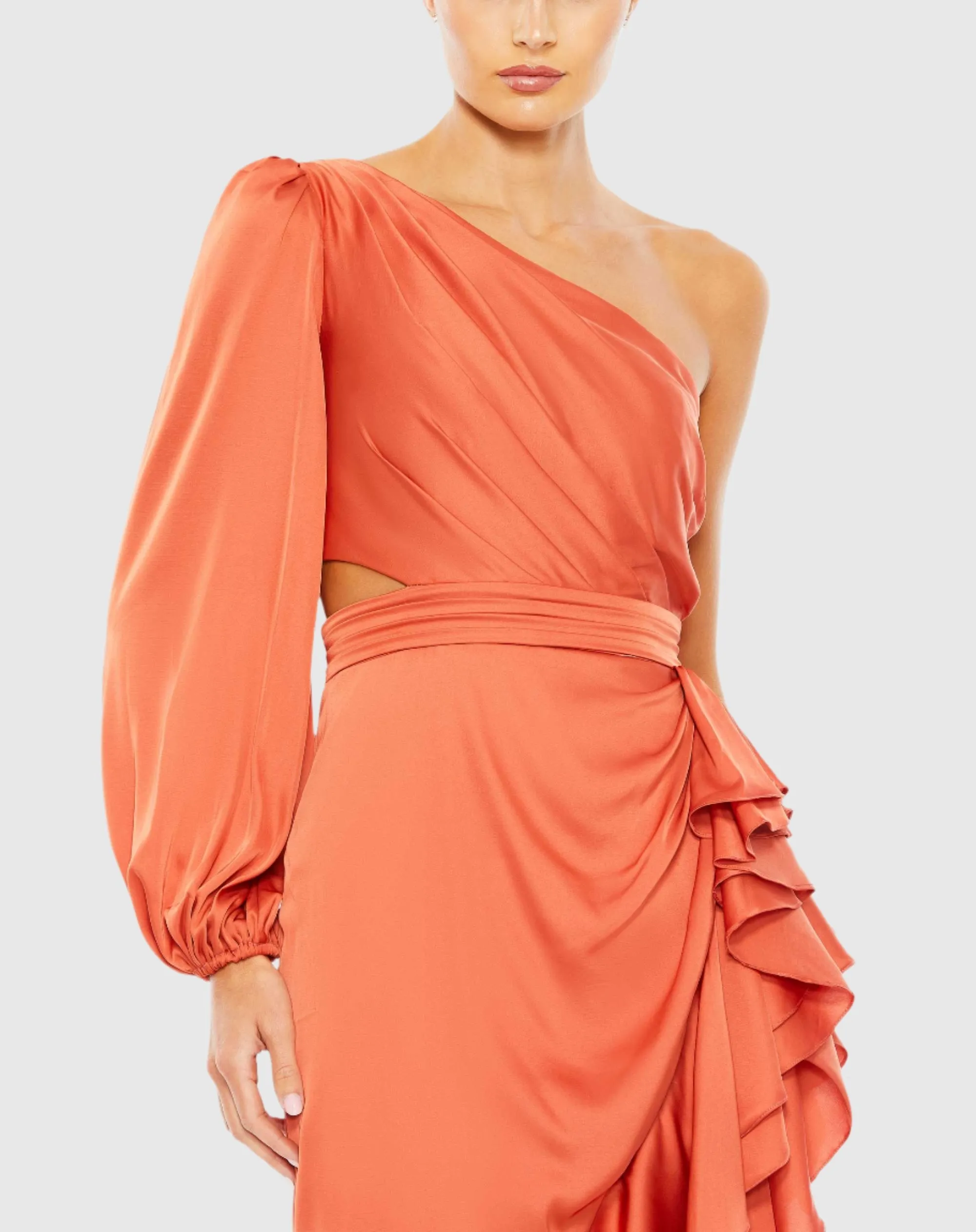 Orange One Sleeve Cut Out Asymmetrical Ruffled Gown sold by Mac Duggal product image thumbnail 2