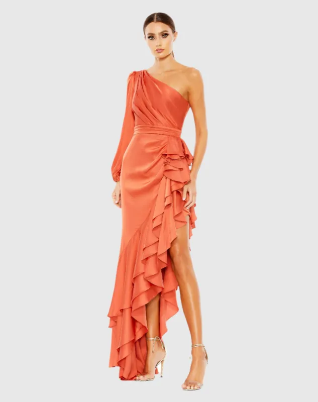 Orange One Sleeve Cut Out Asymmetrical Ruffled Gown sold by Mac Duggal