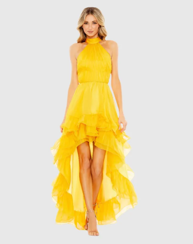 Yellow Ruffle Tiered High Low Pleated Halter Neck Gown sold by Mac Duggal
