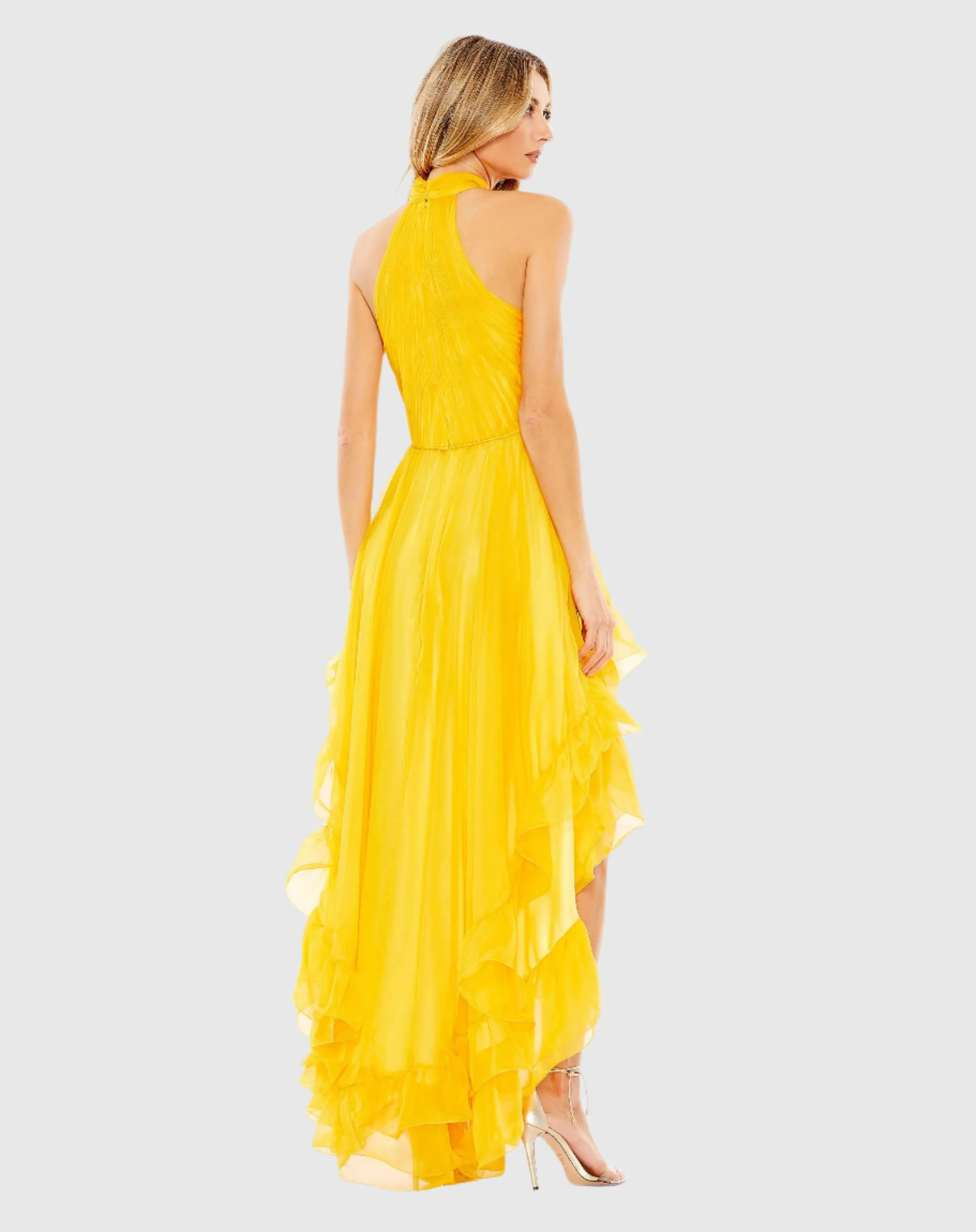Yellow Ruffle Tiered High Low Pleated Halter Neck Gown sold by Mac Duggal product image thumbnail 3