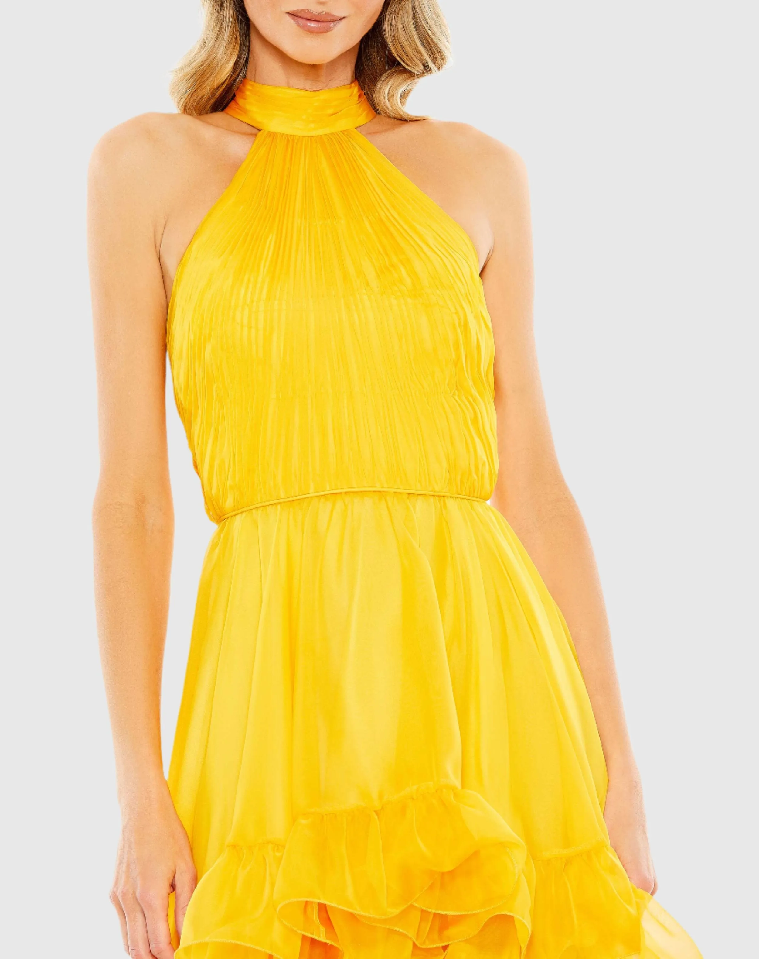 Yellow Ruffle Tiered High Low Pleated Halter Neck Gown sold by Mac Duggal product image thumbnail 2