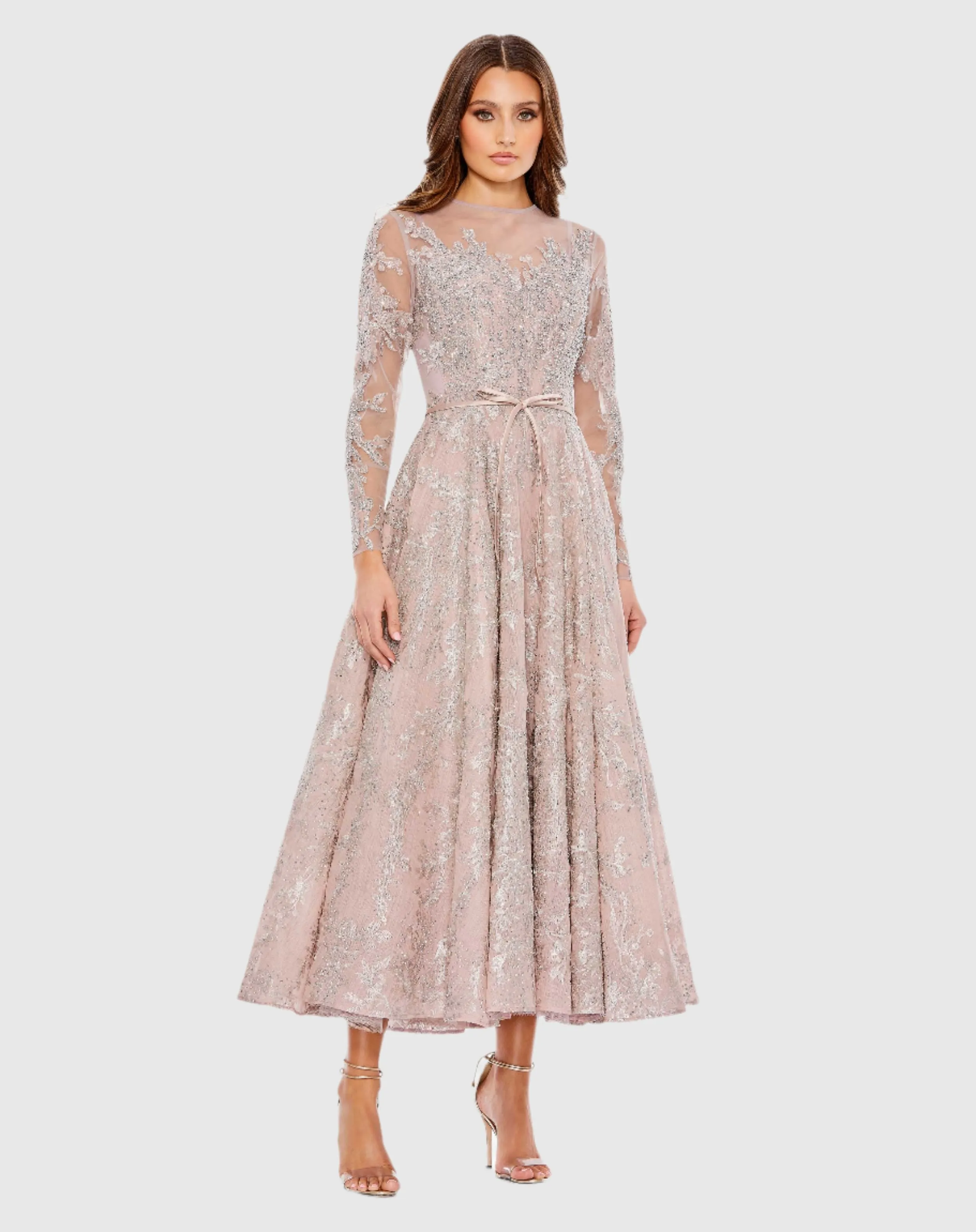 Embellished Bow Belt Illusion Long Sleeve A Line Dress sold by Mac Duggal product image thumbnail 2