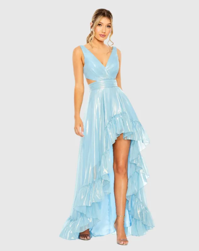 Blue Cut Out High V-Neck Low A-line Dress sold by Mac Duggal