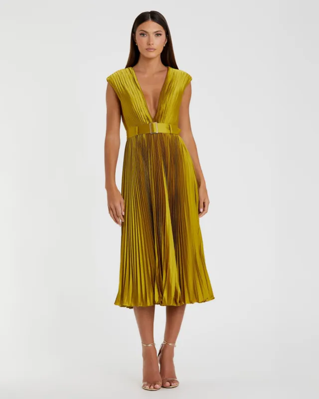 Pleated Cap Sleeve Belted A Line Dress sold by Mac Duggal