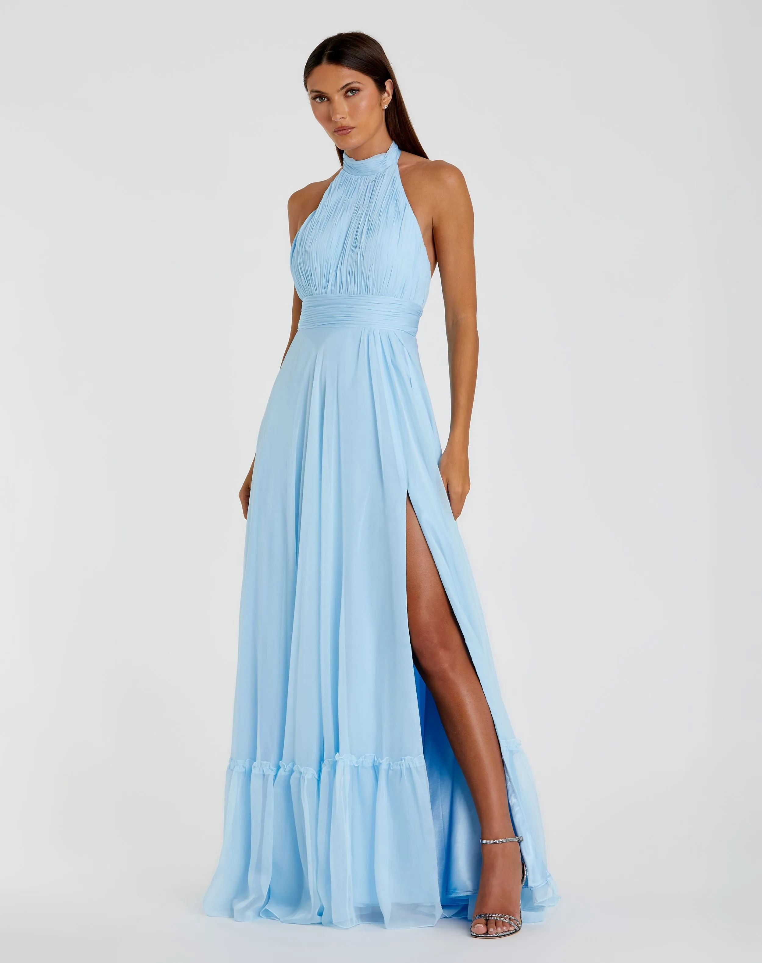 High Neck Tiered Chiffon Halter Gown sold by Mac Duggal
