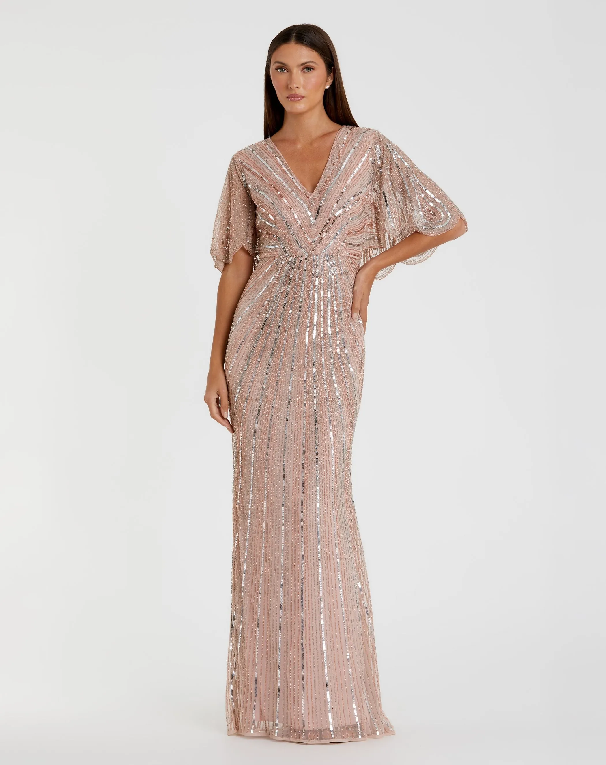 Sequined V Neck Cape Sleeve Column Gown sold by Mac Duggal