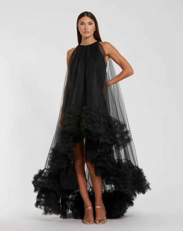Tulle High Neck Sleeveless Ruffled Hem Hi-Low Gown sold by Mac Duggal