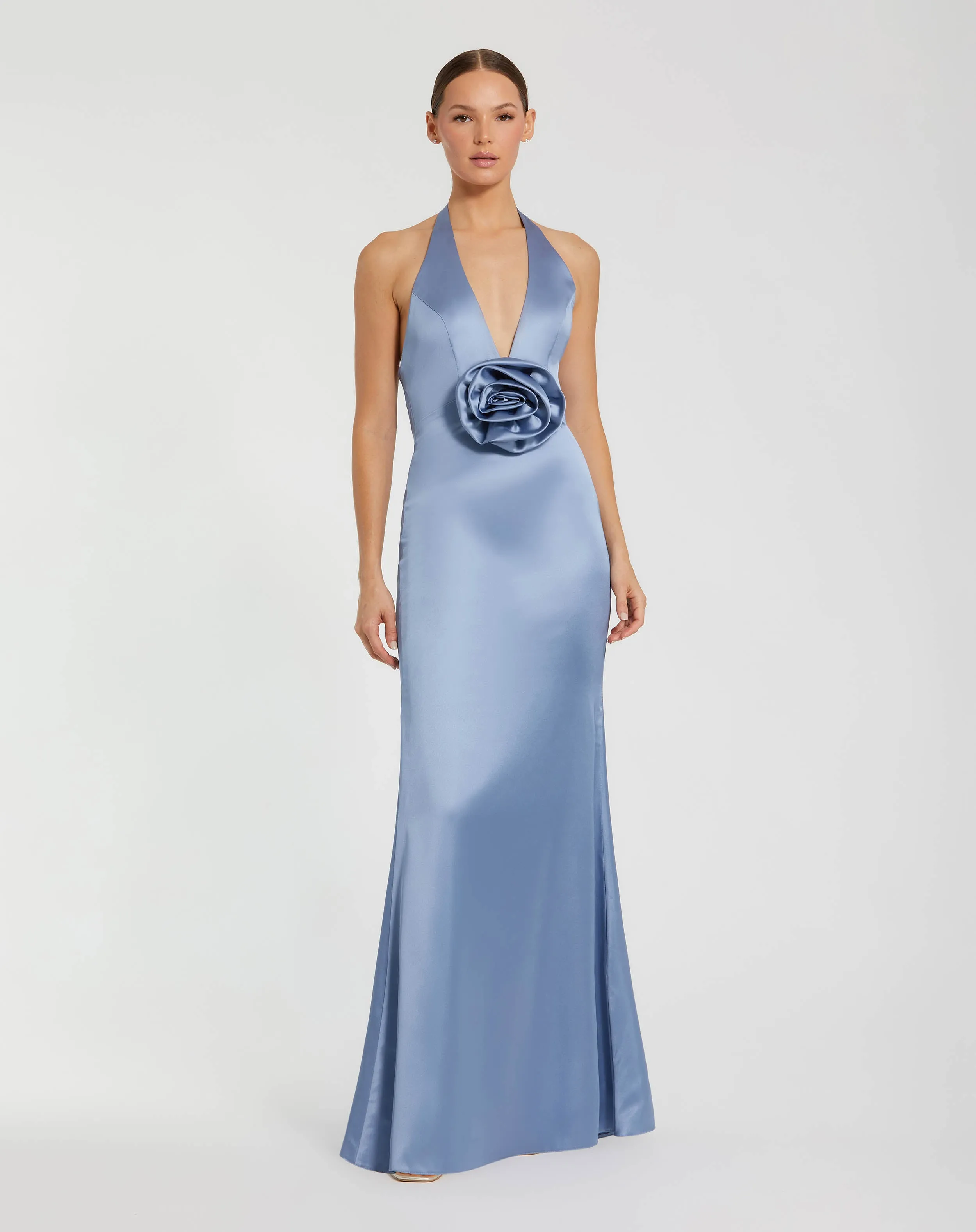 Fitted Satin Sleeveless Halter Gown With 3D Flower sold by Mac Duggal product image thumbnail 2