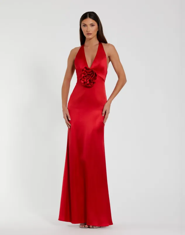 Fitted Satin Sleeveless Halter Gown With 3D Flower sold by Mac Duggal
