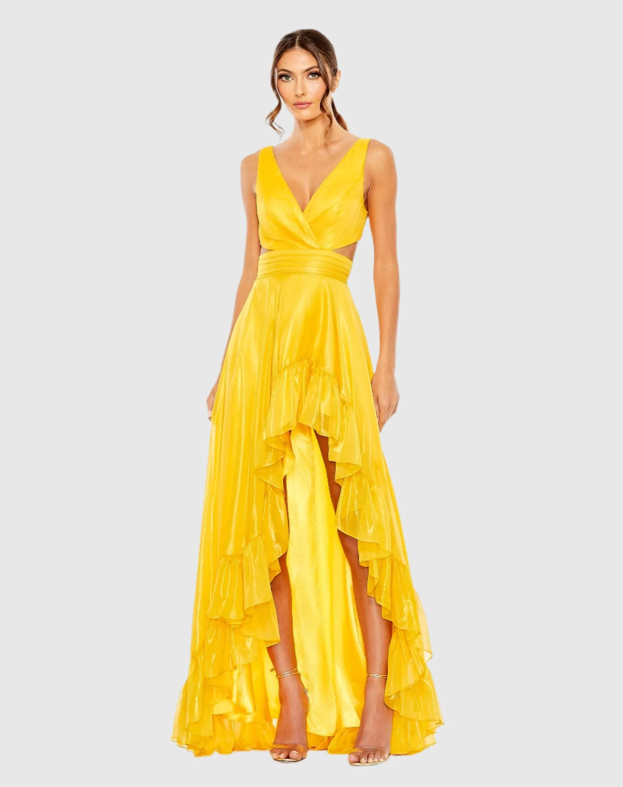 Yellow Cut Out High Low Ruffle Gown sold by Mac Duggal
