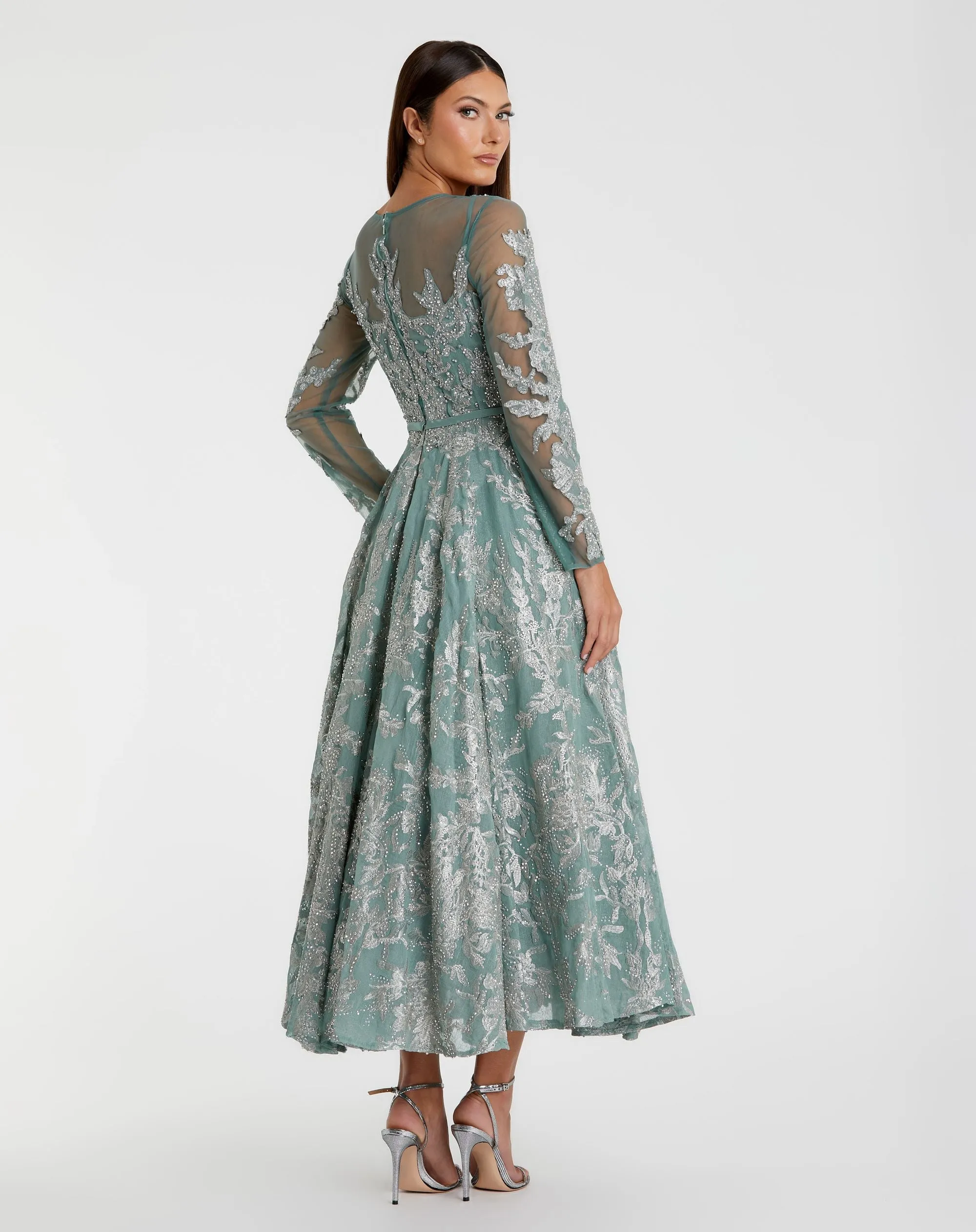 Green Embellished Bow Belt Illusion Long Sleeve A Line Dress sold by Mac Duggal product image thumbnail 3