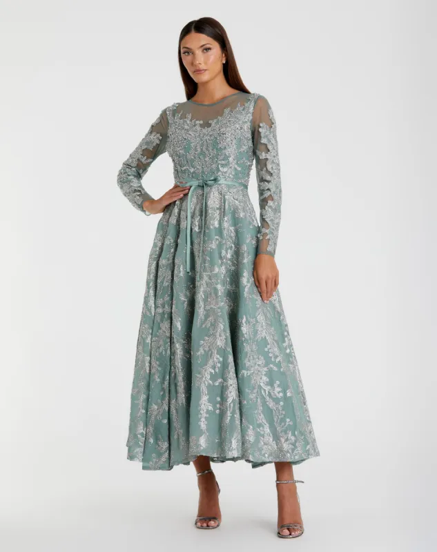 Green Embellished Bow Belt Illusion Long Sleeve A Line Dress sold by Mac Duggal