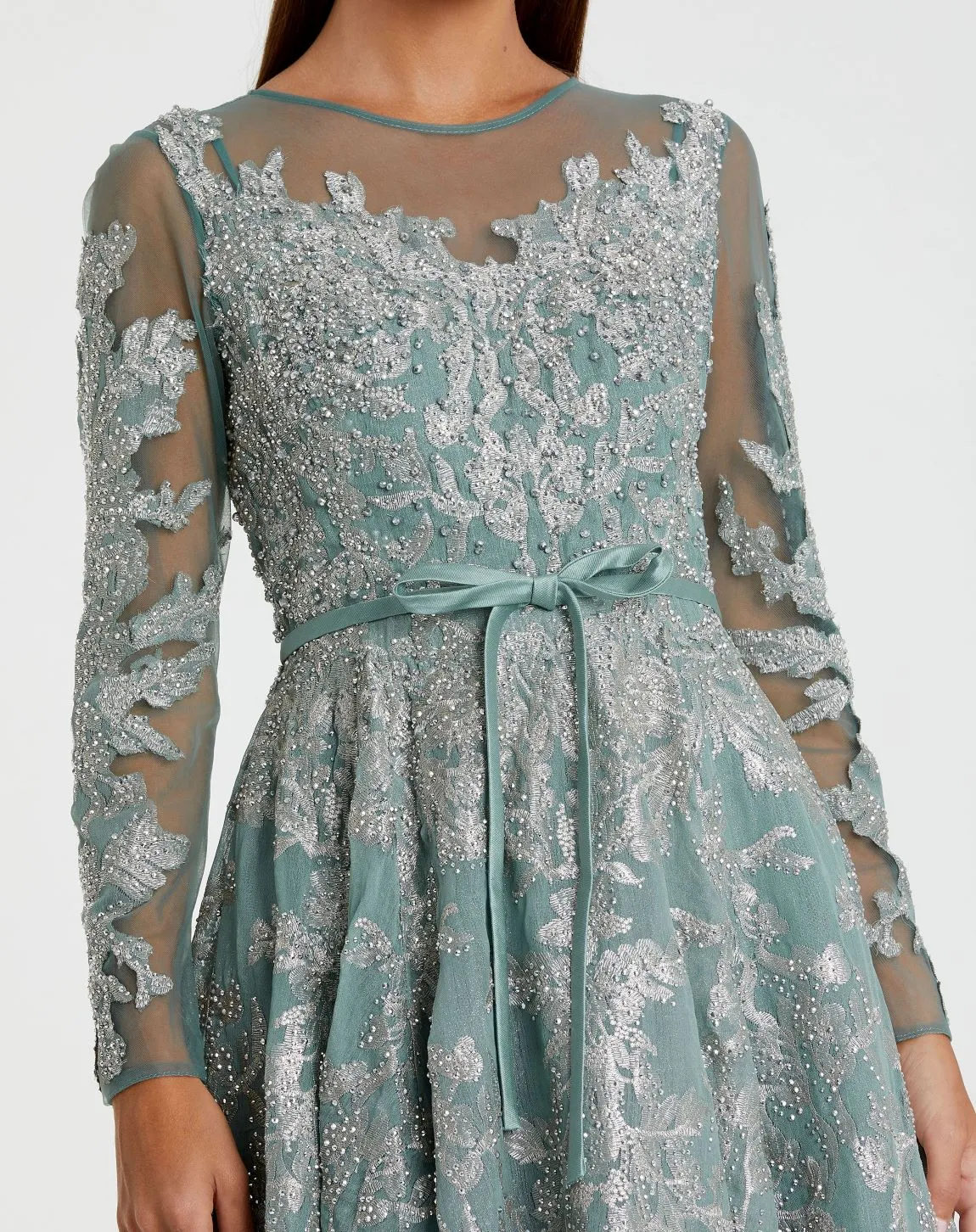 Green Embellished Bow Belt Illusion Long Sleeve A Line Dress sold by Mac Duggal product image thumbnail 2