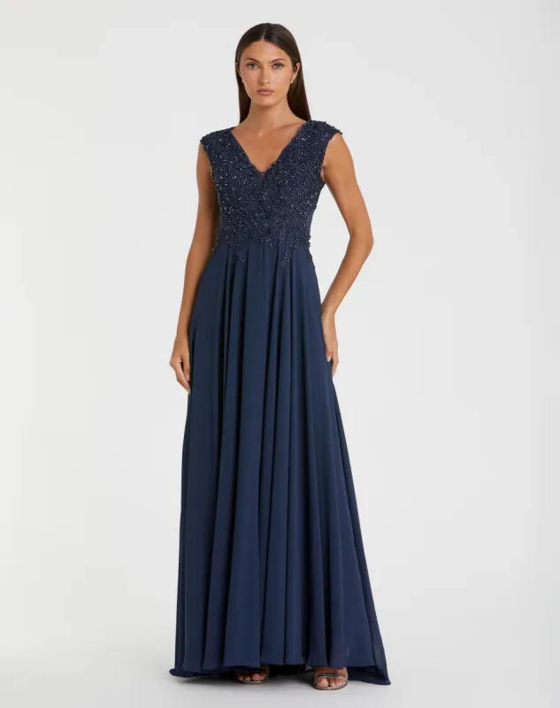 Navy Applique Cap Sleeve Bodice Flowy Gown sold by Mac Duggal