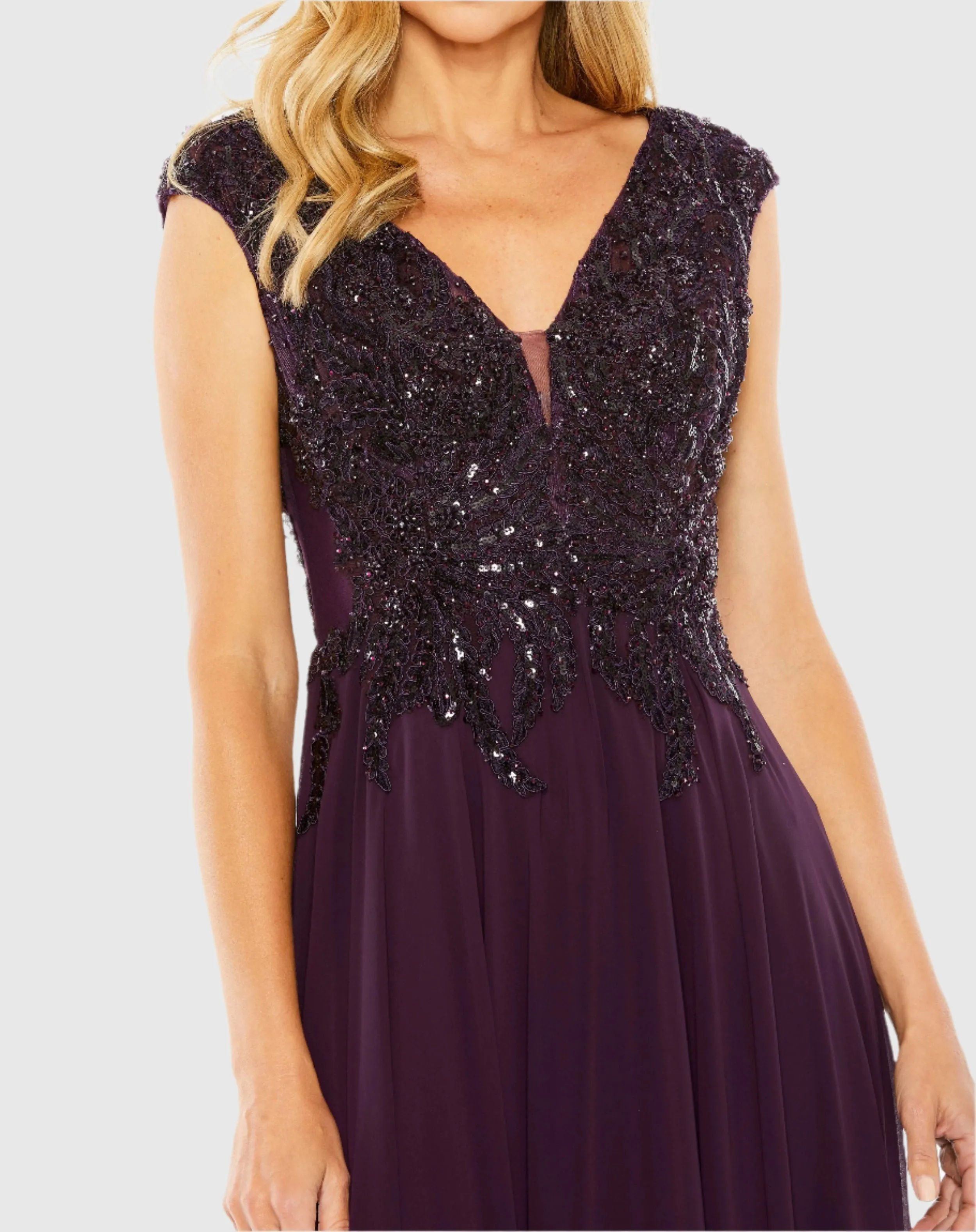 Purple Cap Sleeve Applique Bodice Flowy Gown sold by Mac Duggal product image thumbnail 2