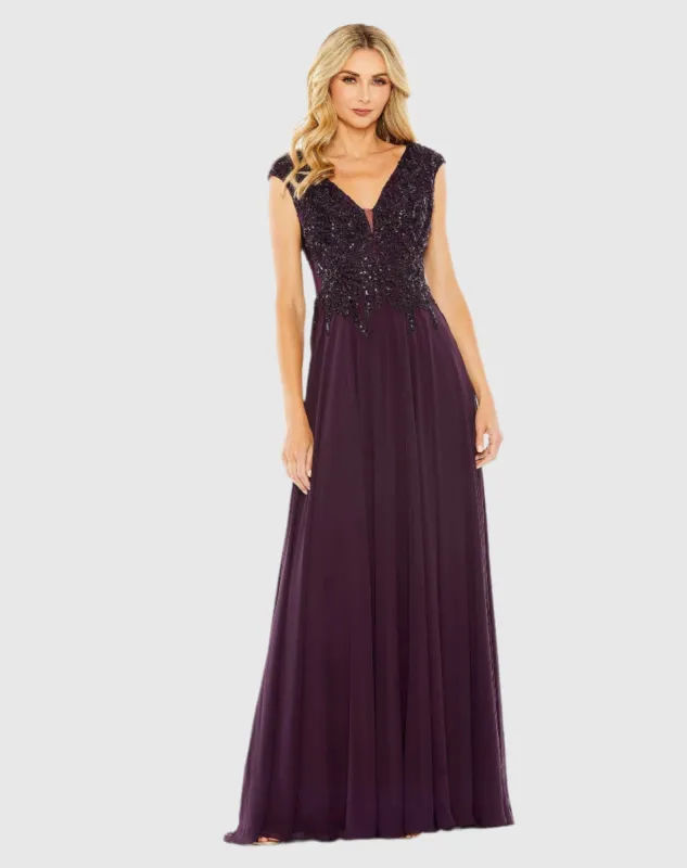 Purple Applique Cap Sleeve Bodice Flowy Gown sold by Mac Duggal