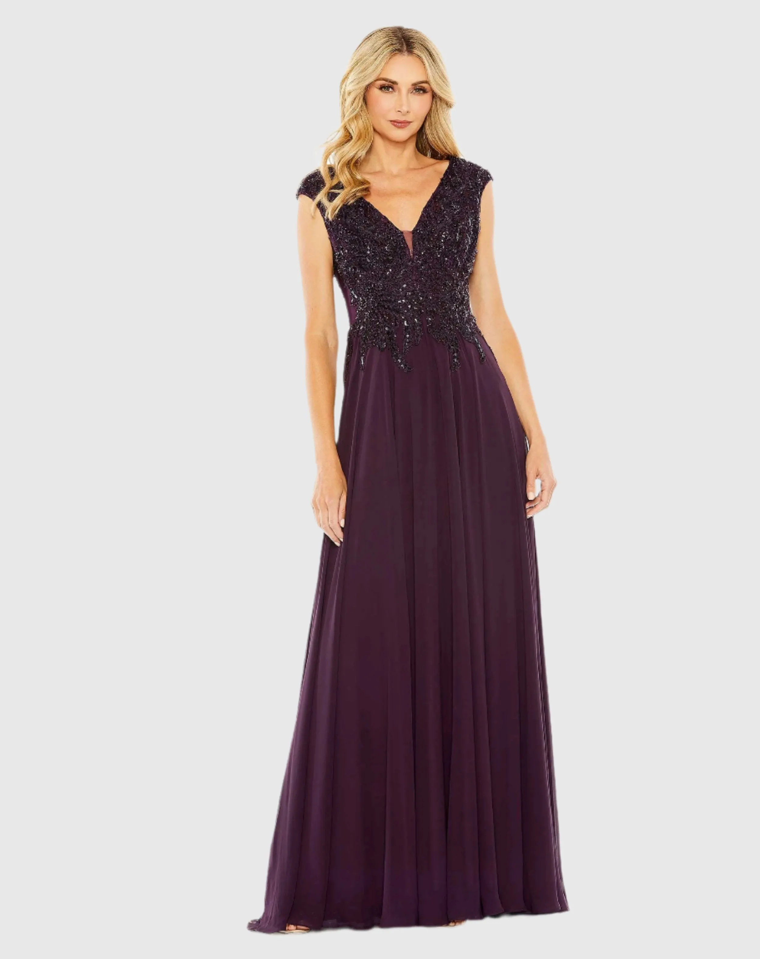 Purple Cap Sleeve Applique Bodice Flowy Gown sold by Mac Duggal