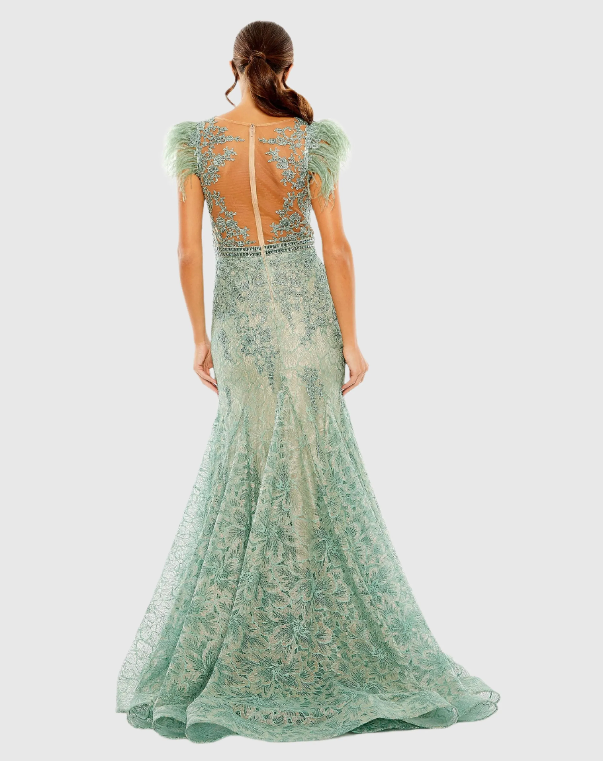 Green Embellished Feather Cap Sleeve Illusion Neck Trumpet Gown sold by Mac Duggal product image thumbnail 3